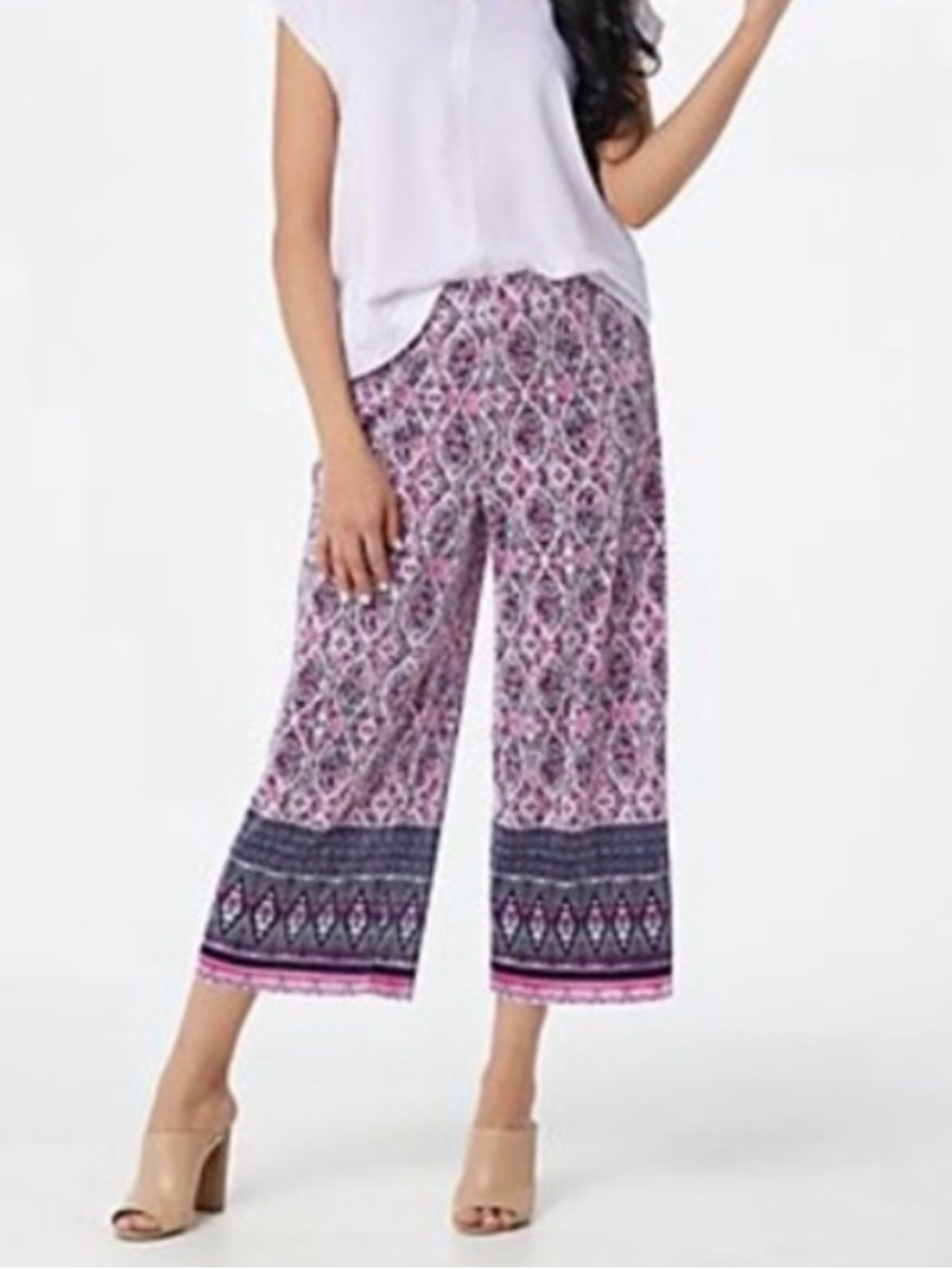 SUSAN GRAVER- Pink Printed Wide-Leg Border Hem Pants